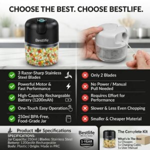 ZonMart Bestlife Electric Rechargeable Mini Vegetable Chopper – 250ml, One-Touch, Stainless Steel Blades (Black)